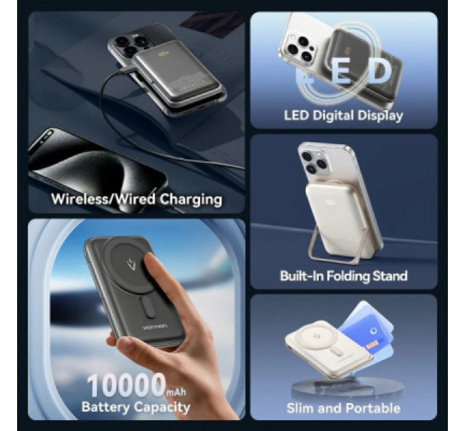 Vention Батарея універсальна VENTION Magnetic Wireless 10000mAh 20W PD USB-C In/Out, QI-15W White (FHNW0)