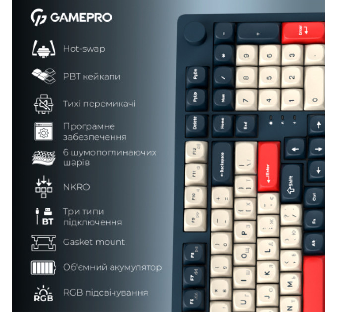GamePro Клавіатура GamePro Asgard Drakkar Keychron Super Red Switch Wireless/Bluetooth/USB UA Blue (MK305BL)