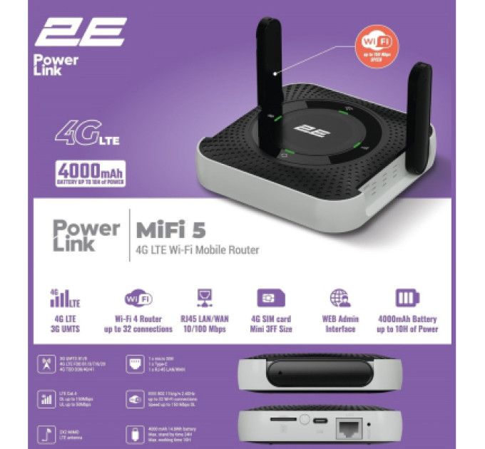 2E Мобільний Wi-Fi роутер 2E PowerLink MiFi-5 2025 (794300866700)