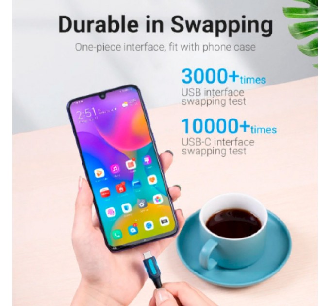 Дата кабель USB 2.0 AM to Type-C 0.5m 5.0A (25W) PVC black Vention (CORBD)