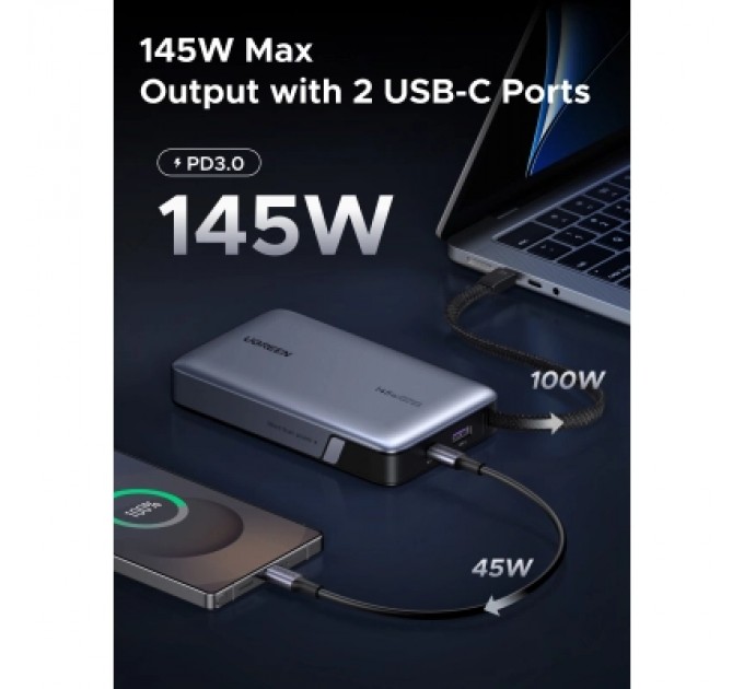 Батарея універсальна Ugreen 20000mAh 145W with Built-in Cable (PB551 55992B)