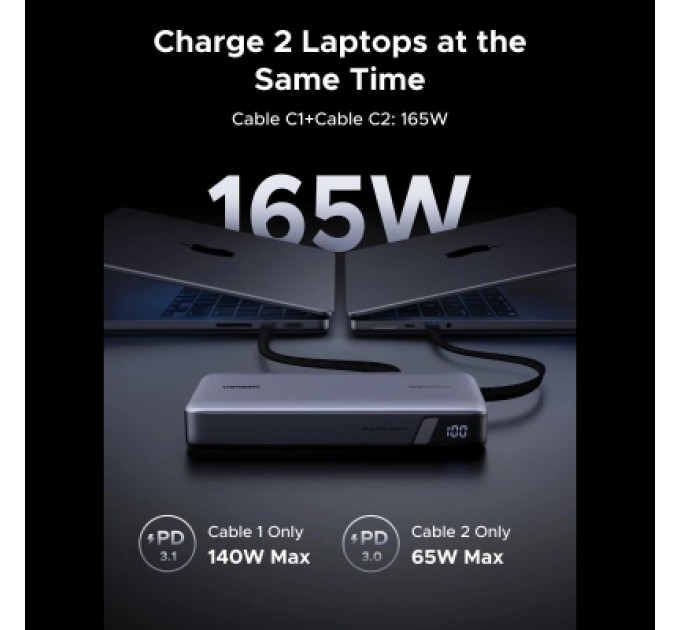 Батарея універсальна Ugreen 25000mAh 165W DualCable (PB552 55995B)