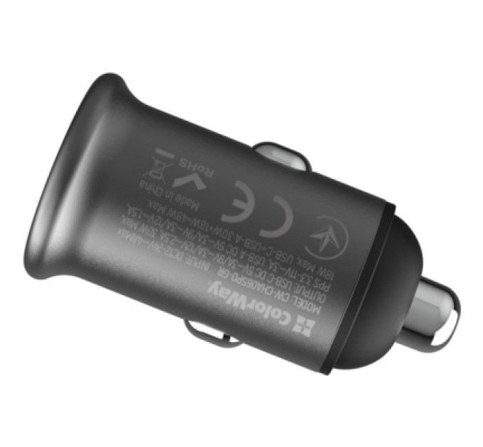 ColorWay Зарядний пристрій ColorWay USB-C PD30W + USB QC3.0 car adapter (CW-CHA065PD-GR)