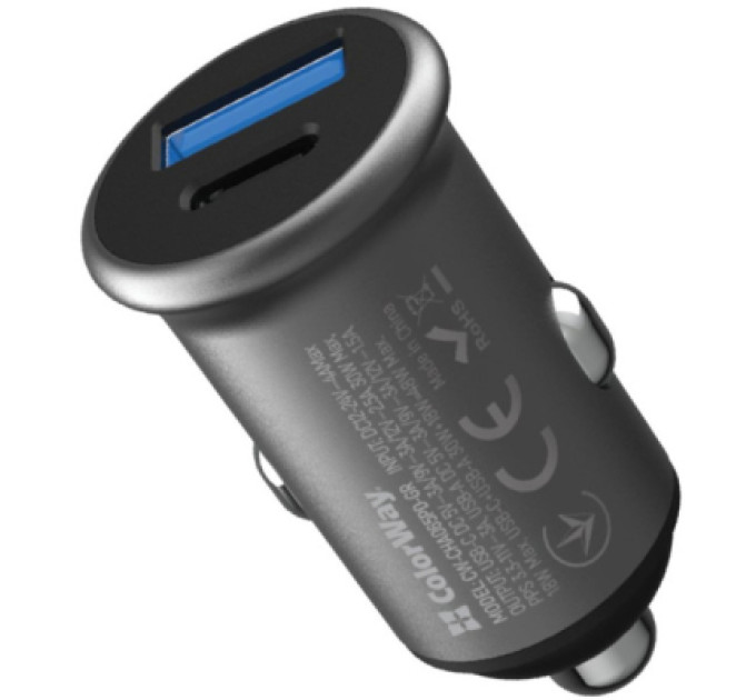 ColorWay Зарядний пристрій ColorWay USB-C PD30W + USB QC3.0 car adapter (CW-CHA065PD-GR)
