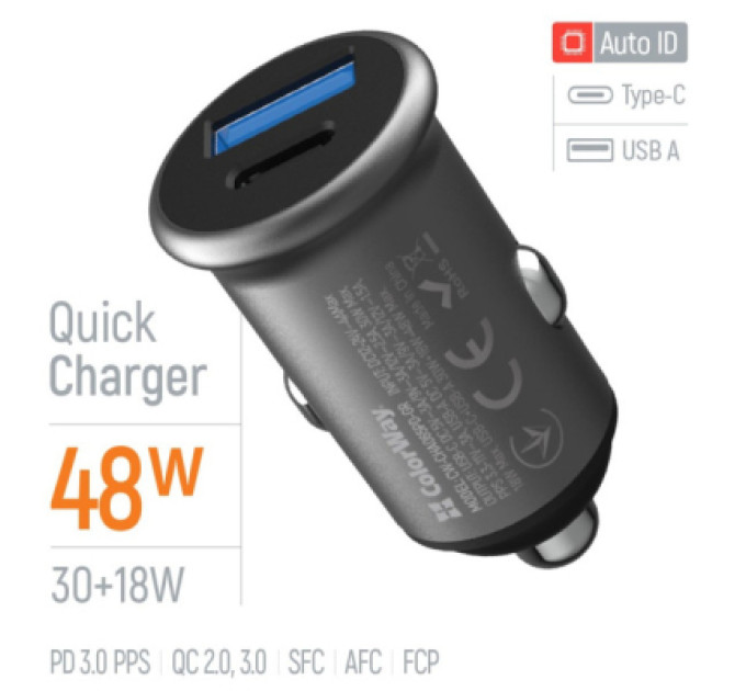 ColorWay Зарядний пристрій ColorWay USB-C PD30W + USB QC3.0 car adapter (CW-CHA065PD-GR)