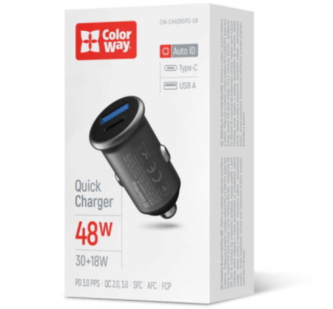 ColorWay Зарядний пристрій ColorWay USB-C PD30W + USB QC3.0 car adapter (CW-CHA065PD-GR)