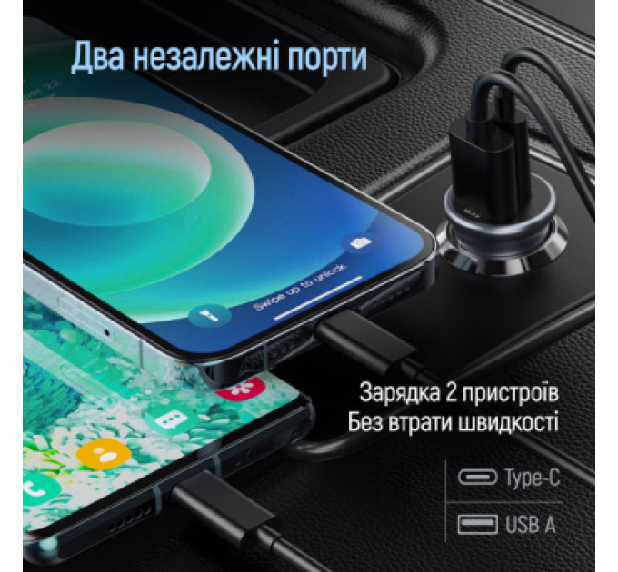 ColorWay Зарядний пристрій ColorWay USB-C PD30W + USB QC3.0 car adapter (CW-CHA065PD-GR)