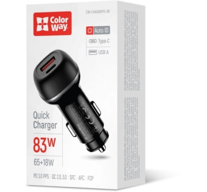 ColorWay Зарядний пристрій ColorWay USB-C PD65W + USB QC3.0 car adapter (CW-CHA068PD-BK)