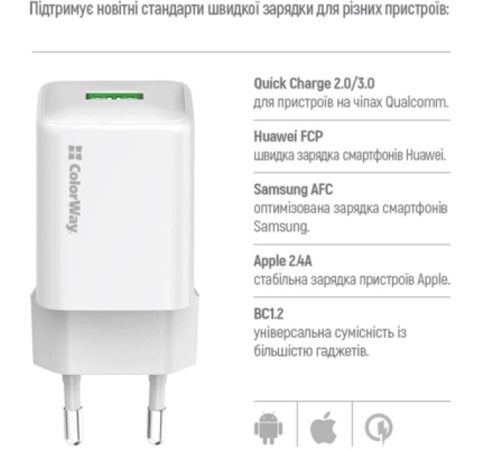 ColorWay Зарядний пристрій ColorWay USB QC3.0 18W white (CW-CHS063Q-WT)