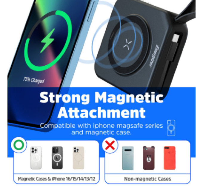 Energizer Батарея універсальна Energizer Magnetic Wireless 10000mAh 20W PD, AC зарядка, QI/15W, built-in USB-C (QM10001AC)