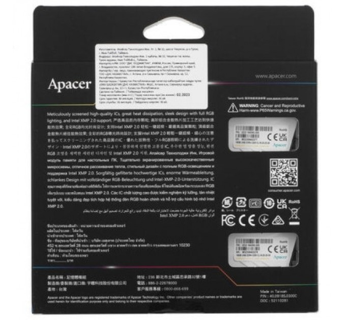 Модуль пам'яті для комп'ютера DDR4 16GB (2x8GB) 3200 MHz NOX RGB White Apacer (AH4U16G32C28YNWAA-2)