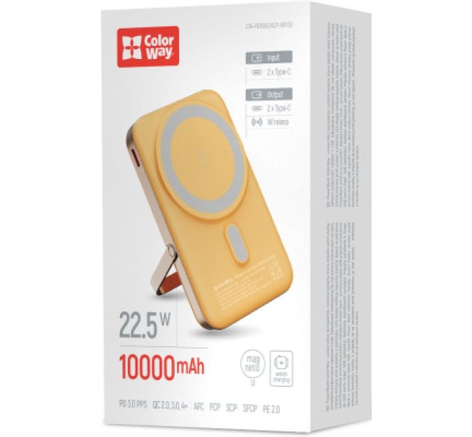 ColorWay Батарея універсальна ColorWay 10 000 mAh PD/22.5W, 15W MagSafe & Watch Wireless Amber (CW-PB100LPA2Y-WPDD)