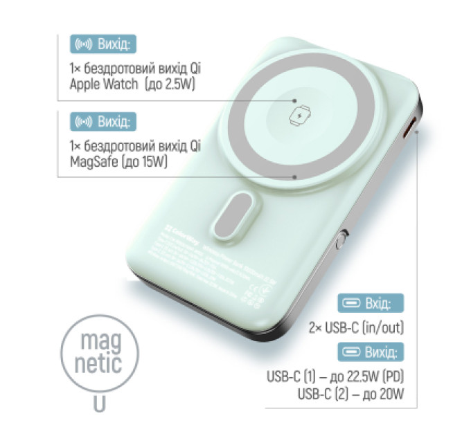 ColorWay Батарея універсальна ColorWay 10 000 mAh PD/22.5W, 15W MagSafe & Watch Wireless Aquamarine (CW-PB100LPA2MT-WPDD)