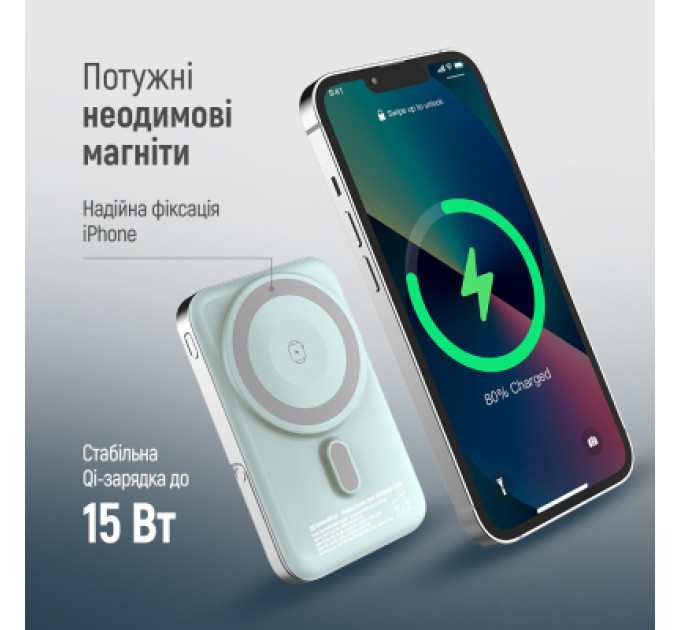 ColorWay Батарея універсальна ColorWay 10 000 mAh PD/22.5W, 15W MagSafe & Watch Wireless Aquamarine (CW-PB100LPA2MT-WPDD)