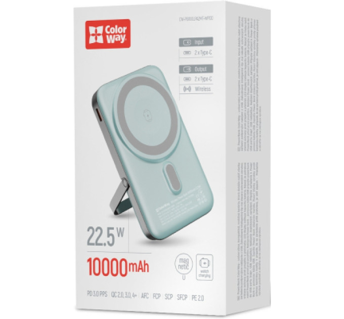 ColorWay Батарея універсальна ColorWay 10 000 mAh PD/22.5W, 15W MagSafe & Watch Wireless Aquamarine (CW-PB100LPA2MT-WPDD)