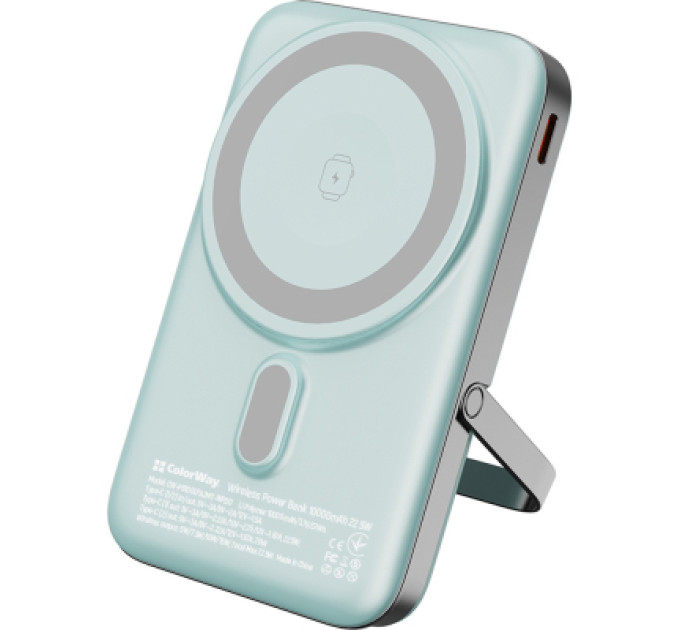ColorWay Батарея універсальна ColorWay 10 000 mAh PD/22.5W, 15W MagSafe & Watch Wireless Aquamarine (CW-PB100LPA2MT-WPDD)