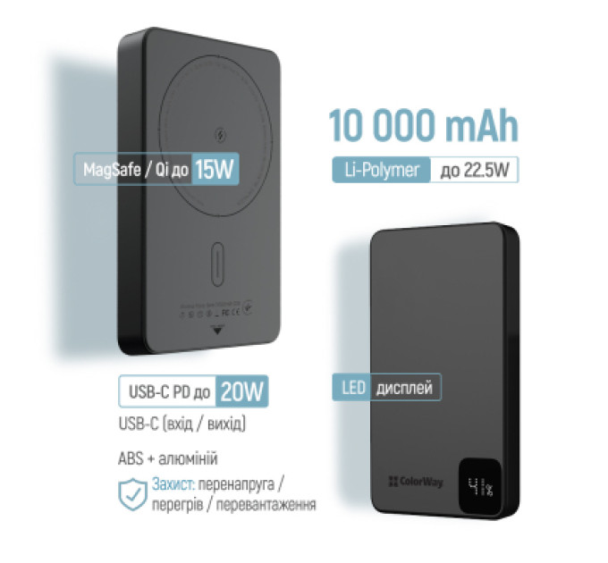 ColorWay Батарея універсальна ColorWay 10 000 mAh PD/22.5W, 15W MagSafe Black (CW-PB100LPA1BK-WPDD)