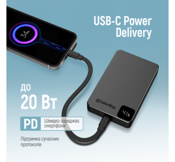 ColorWay Батарея універсальна ColorWay 10 000 mAh PD/22.5W, 15W MagSafe Black (CW-PB100LPA1BK-WPDD)
