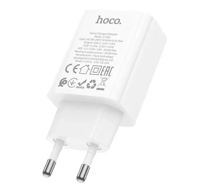 HOCO Мережевий зарядний пристрій Hoco C143A (1USB-C, 3А) 20W White (6942007652063)