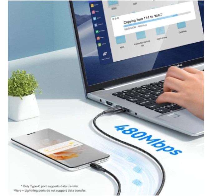 Essager Дата кабель USB 2.0 AM to Lightning + Micro 5P + USB-C 1.2m 100W Essager (EXCMTL-JJ01-P)