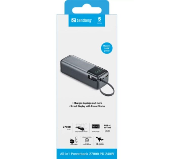 Sandberg Батарея універсальна Sandberg 27000mAh 140W+100W PD/140W, with built-in Type-C cable 140W (421-31)