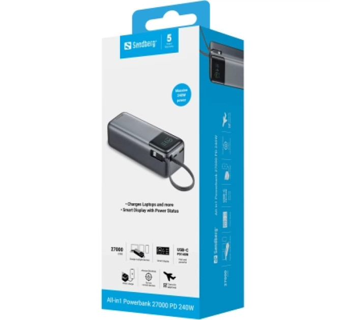 Sandberg Батарея універсальна Sandberg 27000mAh 140W+100W PD/140W, with built-in Type-C cable 140W (421-31)