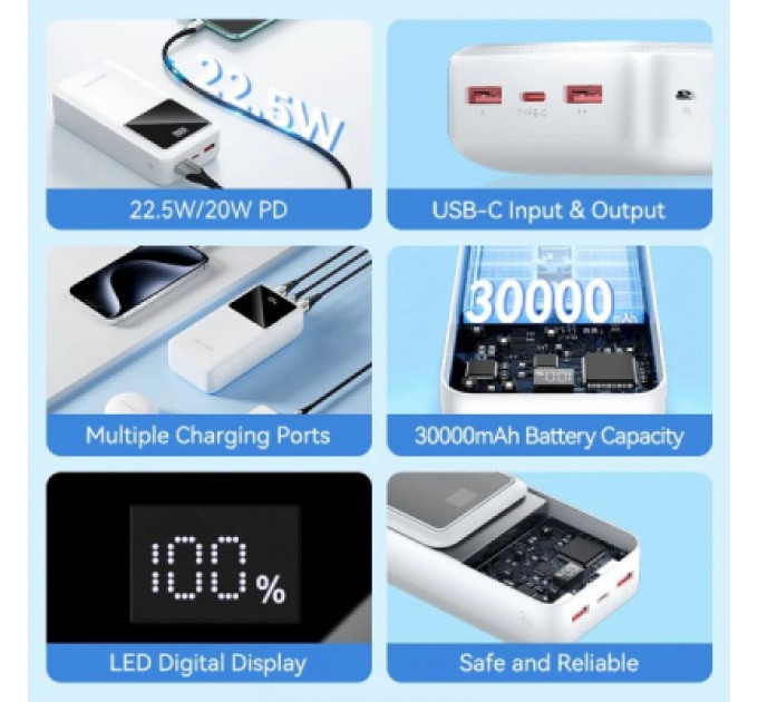 Батарея універсальна Vention 30000mAh 22.5W 3A, PD, QC/3.0, LED Display, Black (FHMB0)