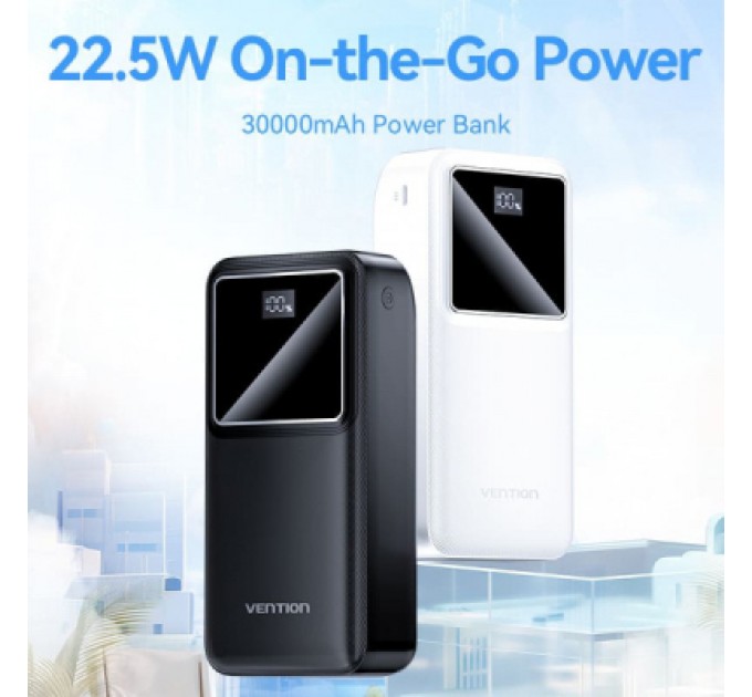 Батарея універсальна Vention 30000mAh 22.5W 3A, PD, QC/3.0, LED Display, Black (FHMB0)