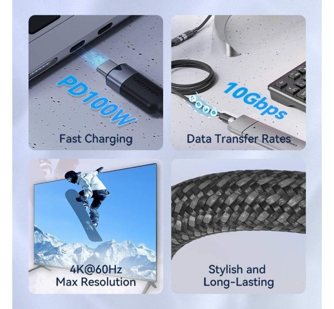 Кабель Vention USB Type-C - USB Type-C (M/F), 100W, 5A, 0.5 м, Black (TRFBD)