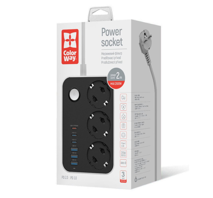ColorWay Фільтр живлення ColorWay CW-CHE36PDB 20W (3 USB-A + 3 TYPE-C) 3 розетки, 6 USB, 2 м, чорний