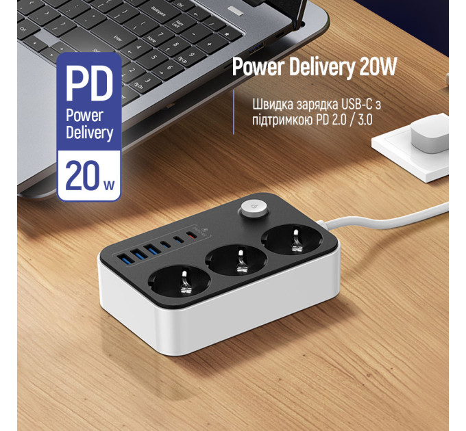 ColorWay Фільтр живлення ColorWay CW-CHE36PDB 20W (3 USB-A + 3 TYPE-C) 3 розетки, 6 USB, 2 м, чорний