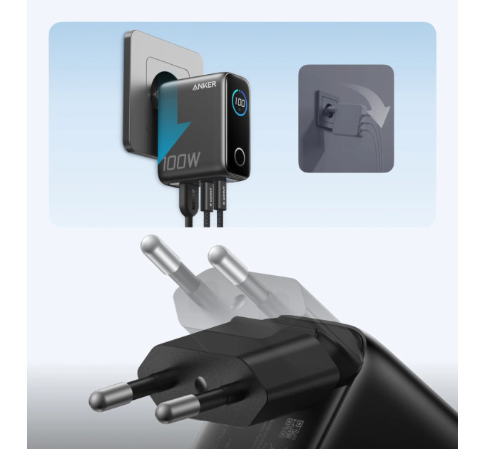 Anker Мережевий зарядний пристрій Anker GaN Charger 100W, 2xUSB-C, 1xUSB-A, Display Dark Gray (B121BGZ1) + кабель USB Type-C