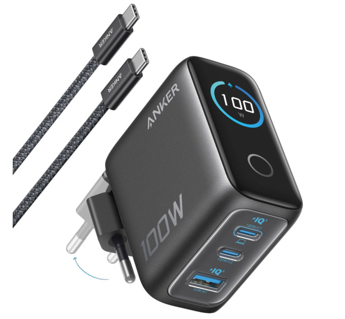 Anker Мережевий зарядний пристрій Anker GaN Charger 100W, 2xUSB-C, 1xUSB-A, Display Dark Gray (B121BGZ1) + кабель USB Type-C