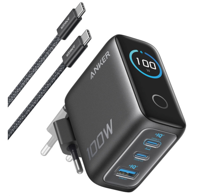 Anker Мережевий зарядний пристрій Anker GaN Charger 100W, 2xUSB-C, 1xUSB-A, Display Dark Gray (B121BGZ1) + кабель USB Type-C