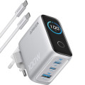 Anker Мережевий зарядний пристрій Anker GaN Charger 100W, 2xUSB-C, 1xUSB-A, Display Silver (B121BG41) + кабель USB Type-C