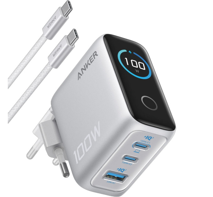Anker Мережевий зарядний пристрій Anker GaN Charger 100W, 2xUSB-C, 1xUSB-A, Display Silver (B121BG41) + кабель USB Type-C