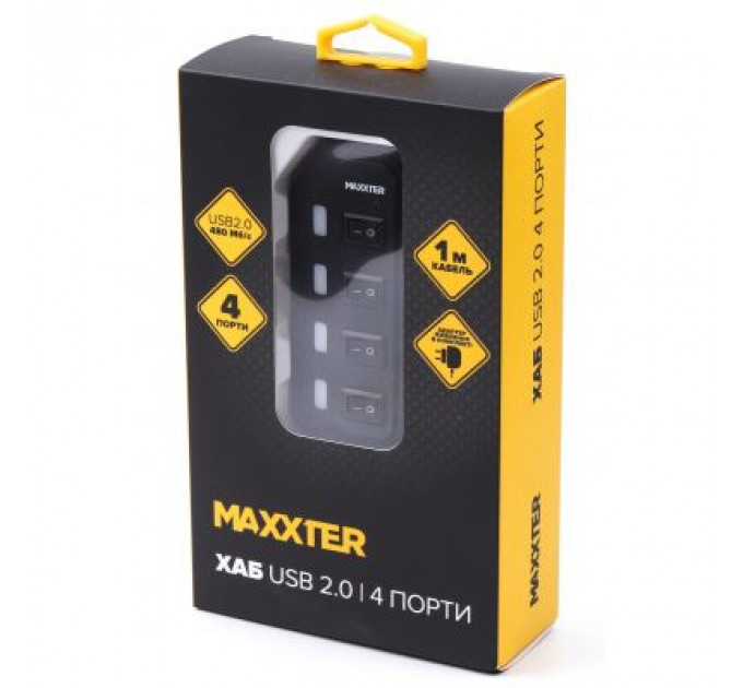 Концентратор Maxxter 4 x USB 2.0 Type-A 1m cable + 5V1A adapter (HU2A-4P-AC-02)