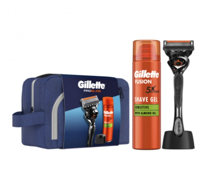 Набір косметики Gillette Бритва ProGlide з 1 змінним лезом + Гель для гоління Fusion5 200 мл + Підставка + Косметичка (8700216534420)