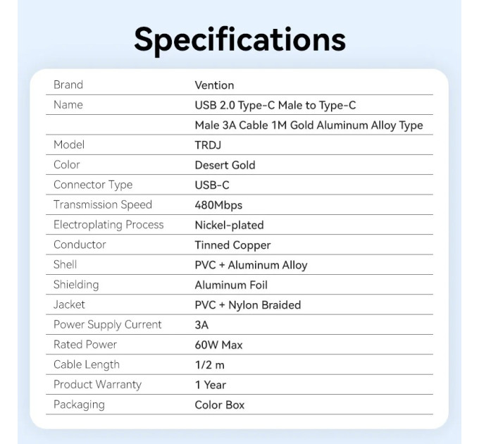 Vention Кабель Vention USB Type-C - USB Type-C (M/M), 60W, 3A, 2 м, Copper (TRDJH)