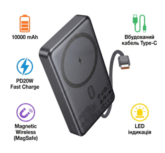 HOCO Батарея універсальна HOCO 10000 mAh Origen Dual PD/20W Magnetic with cable Type-C Metal Gray (Q44 / 714983)