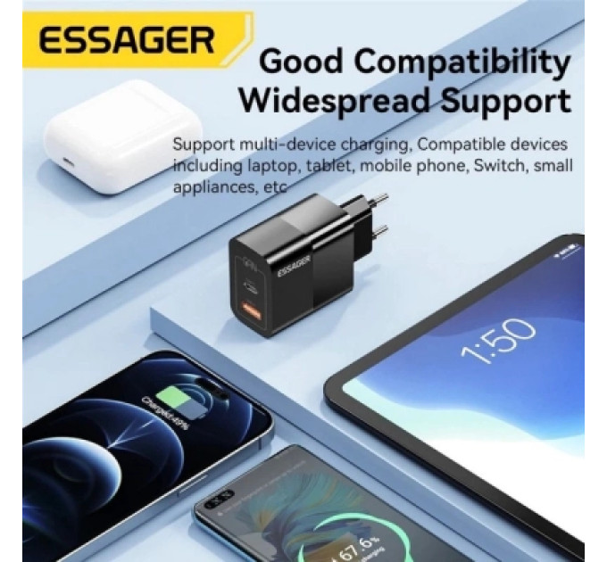 Essager Зарядний пристрій 1xUSB-C + 1xUSB 33W Essager (ECTAC-PCB01-P)