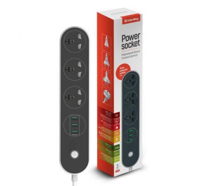 Мережевий фільтр живлення ColorWay CW-CHU33B, 3 розетки/3USB Black 1.8M (CW-CHU33B)