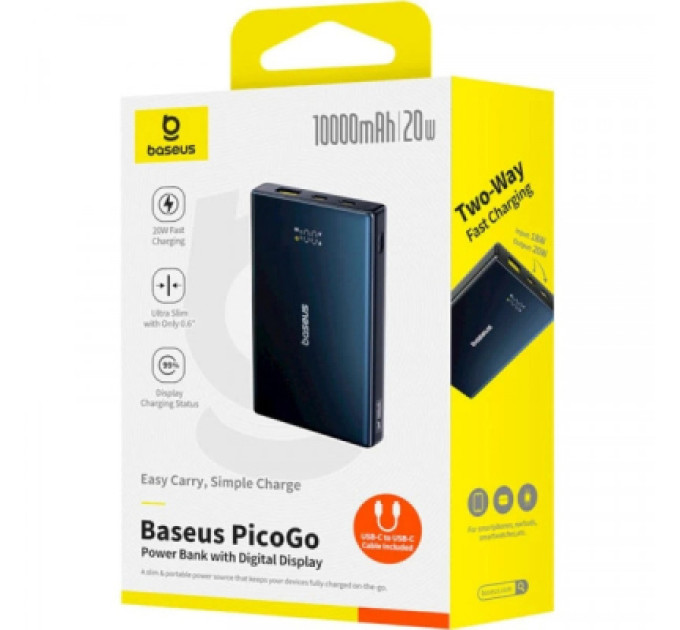 Baseus Батарея універсальна Baseus 10000mAh PicoGo 20W PD, QC, USB-A, 2*USB-C, Black (P10076801123-00)