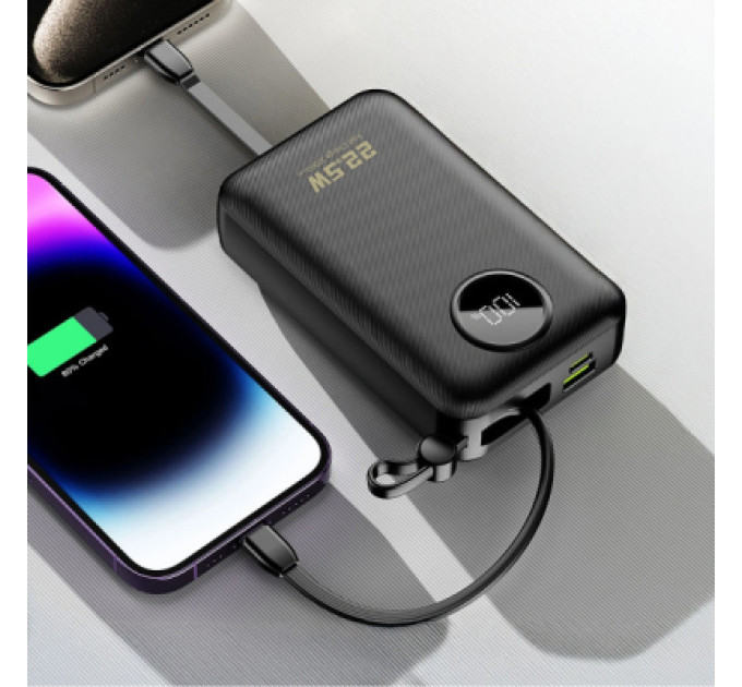 Dudao Батарея універсальна Dudao 20000mAh K14+ 22.5W, PD, QC, USB-A, USB-C(In/Out), with built-in USB-C/Lightning cables, Black (6977196680016)