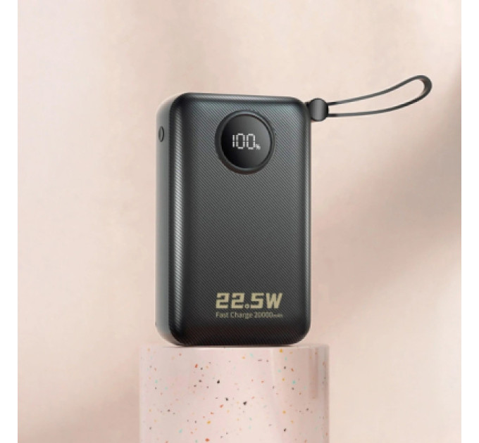 Dudao Батарея універсальна Dudao 20000mAh K14+ 22.5W, PD, QC, USB-A, USB-C(In/Out), with built-in USB-C/Lightning cables, Black (6977196680016)