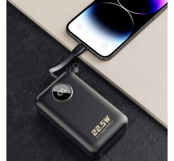 Dudao Батарея універсальна Dudao 20000mAh K14+ 22.5W, PD, QC, USB-A, USB-C(In/Out), with built-in USB-C/Lightning cables, Black (6977196680016)