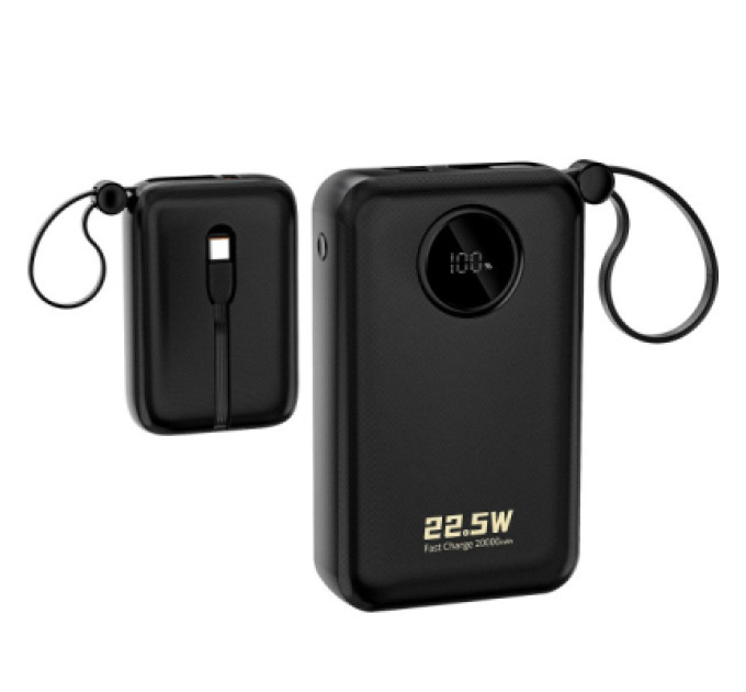 Dudao Батарея універсальна Dudao 20000mAh K14+ 22.5W, PD, QC, USB-A, USB-C(In/Out), with built-in USB-C/Lightning cables, Black (6977196680016)