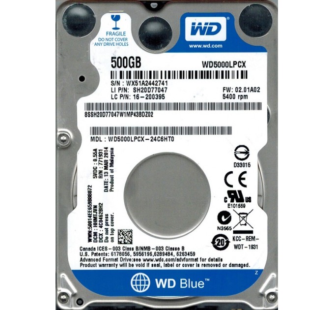 Накопичувач HDD 2.5" SATA 500GB WD Blue 5400rpm 16MB (WD5000LPCX)