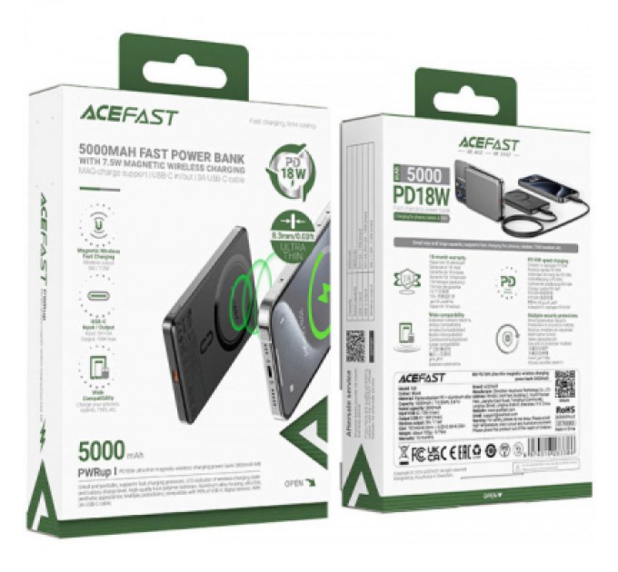 Батарея універсальна Acefast Magnetic Wireless 5000mAh 18W PD, QC/3.0, QI 7.5W, ультра тонкий, M8 Bllack (6974316283386)