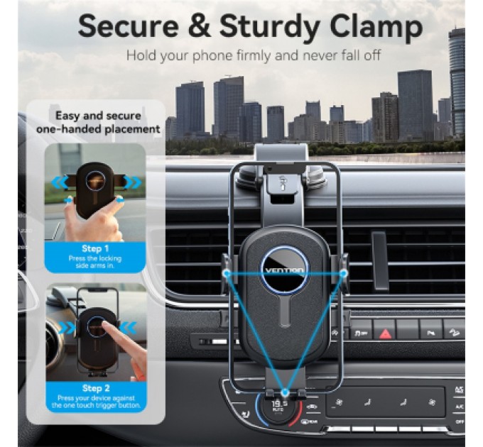 Універсальний автотримач VENTION 4.7-7.2" затискач One Touch, присока, чорний (KSCB0)